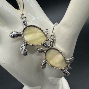 Sea Turtle Dangle Earrings Yellow Shell Inlay Fishhook Beach Ocean Nautical